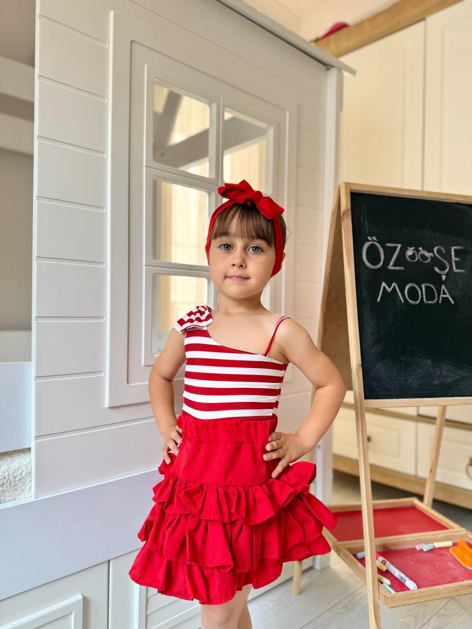 Kırmızı Fırfırlı Etek Beyaz Kırmızı Çizgili