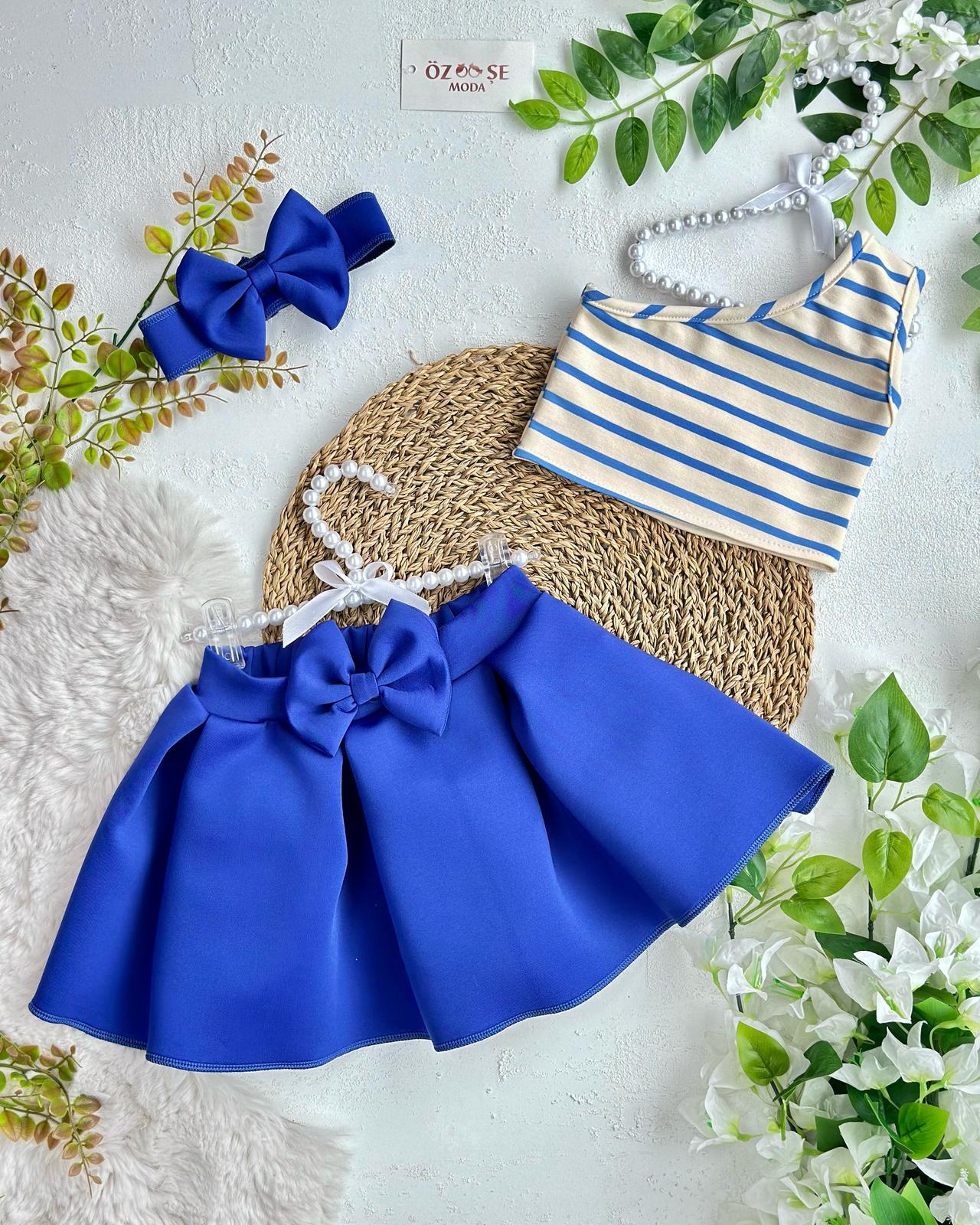 Saks Mavi Çizgili Crop Scuba İkili Takım 