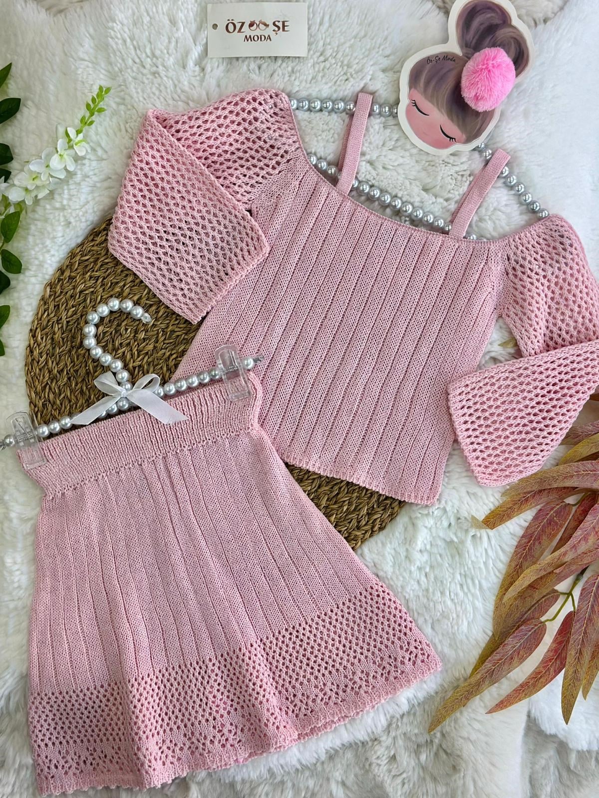 Toz Pembe Ajurlu Örme Bohem İkili Takım