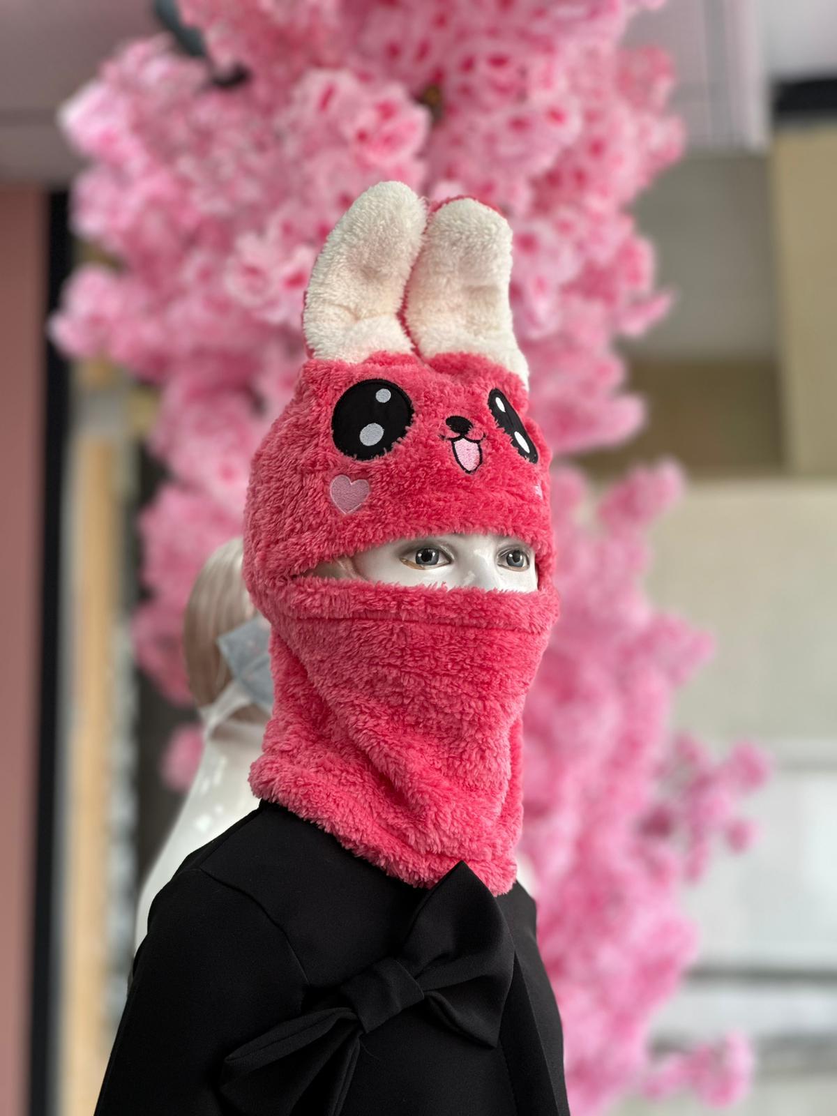 Fuşya Pembe Tavşan Şapka&Atkı