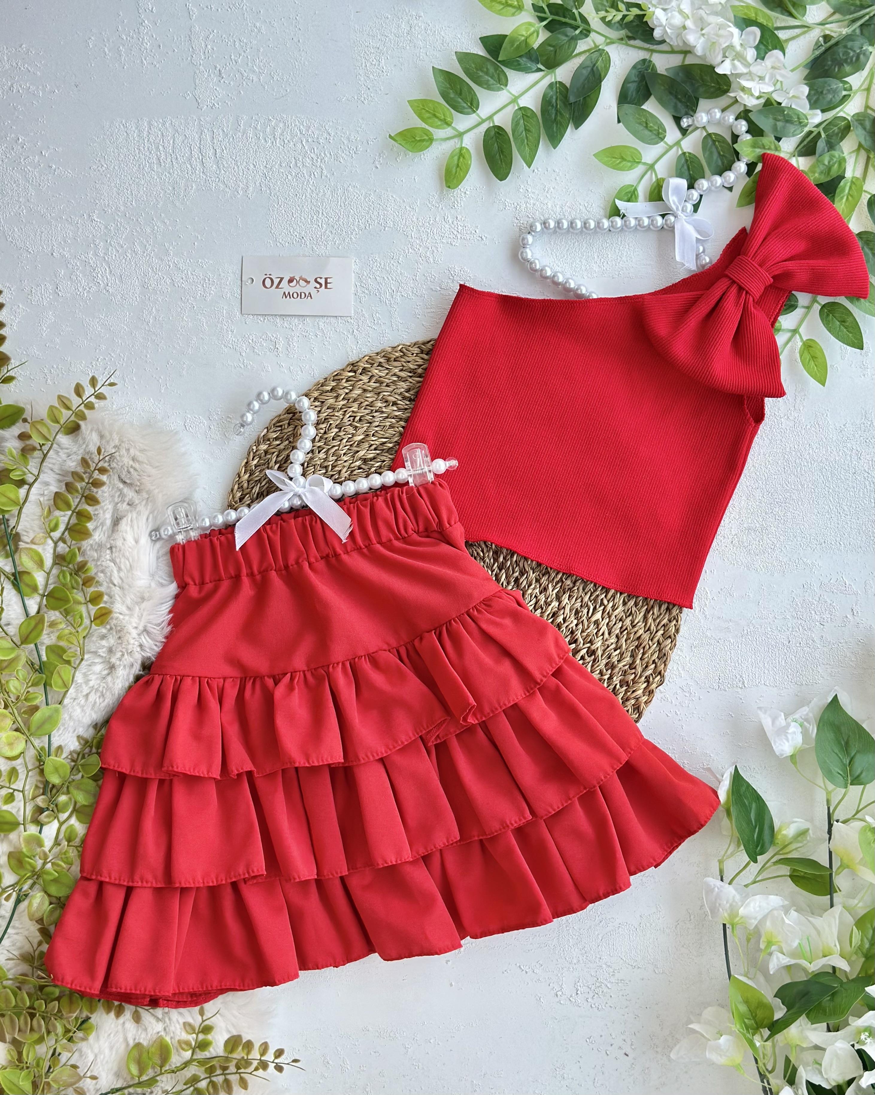 Kırmızı Fırfırlı Etek Kırmızı Crop Takım