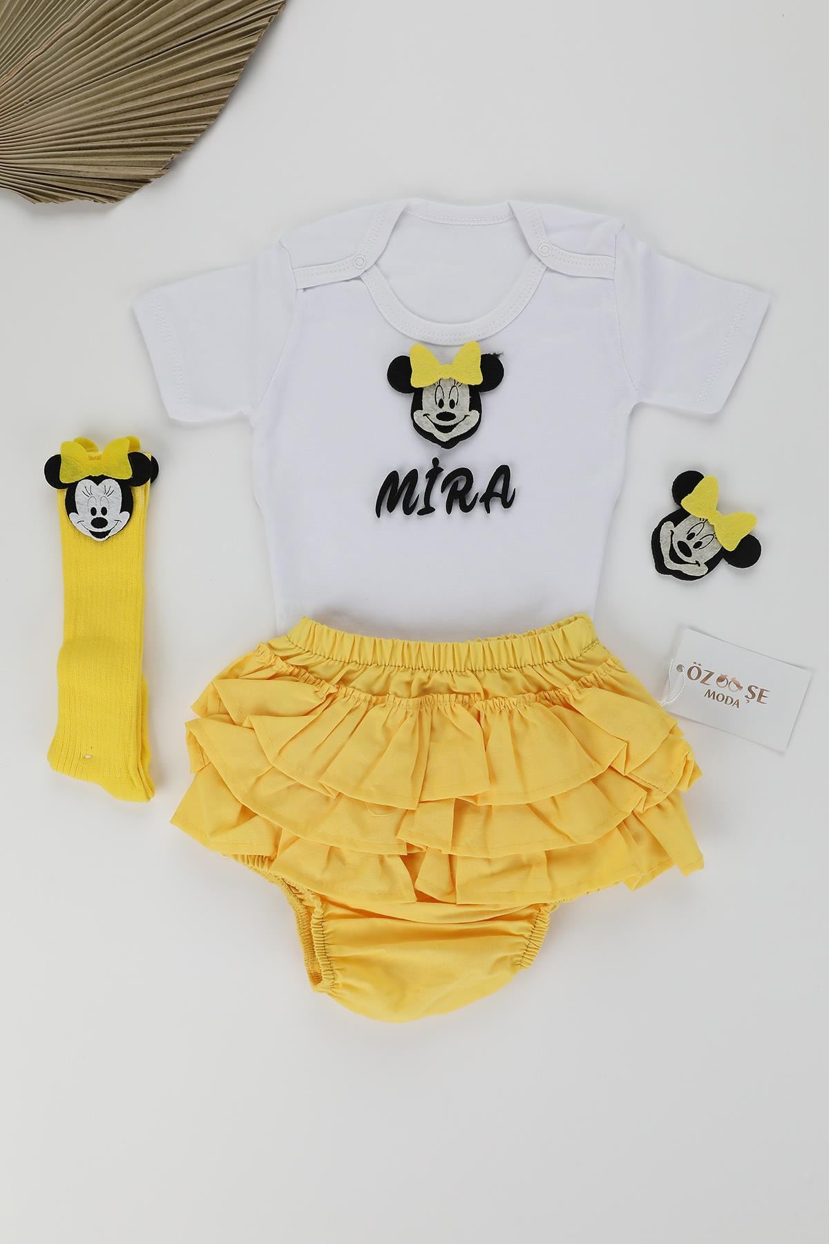 Mickey Figürlü Sarı Fırfır Şort Kısa Kol Zıbın Takım