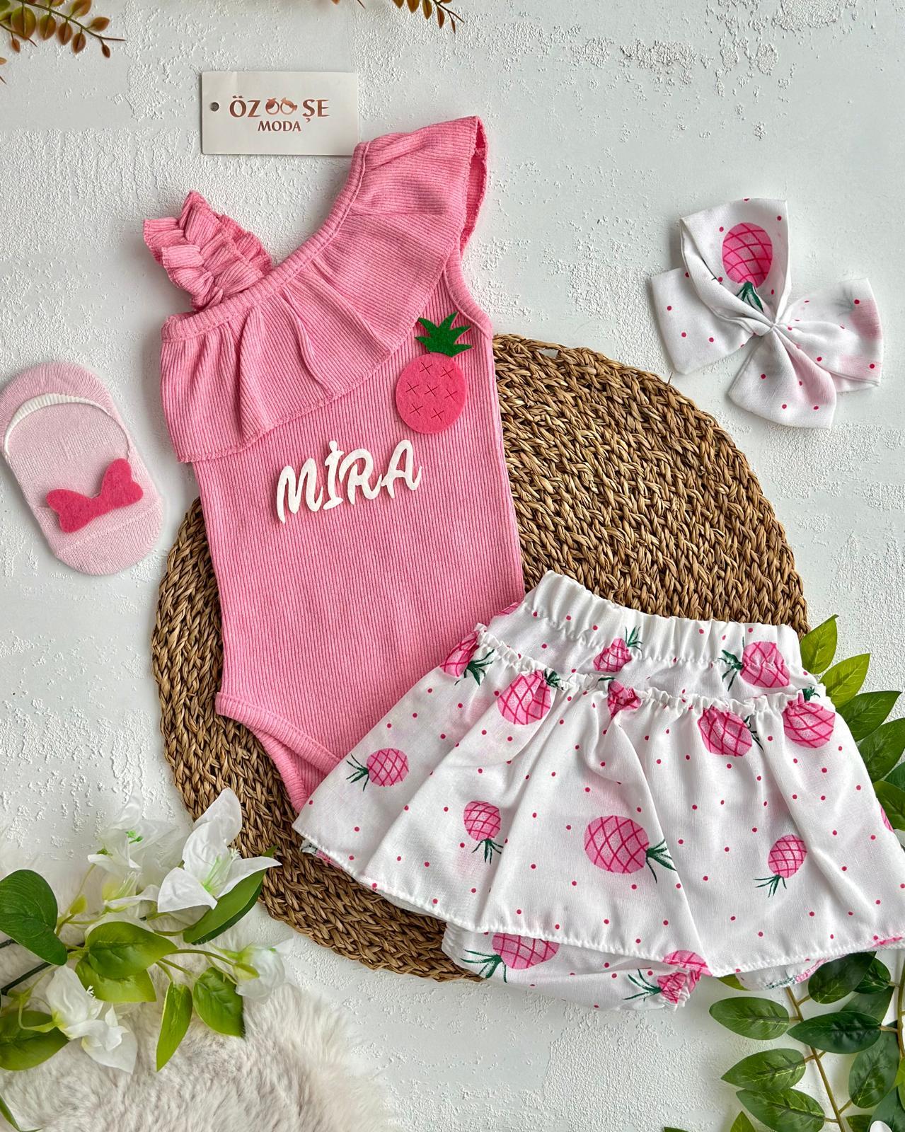 Pembe Ananas Fırfır Şort İkili Takım