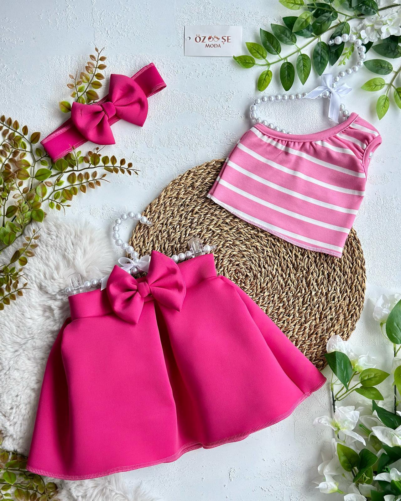 Pembe Çizgili Crop Scuba İkili Takım 