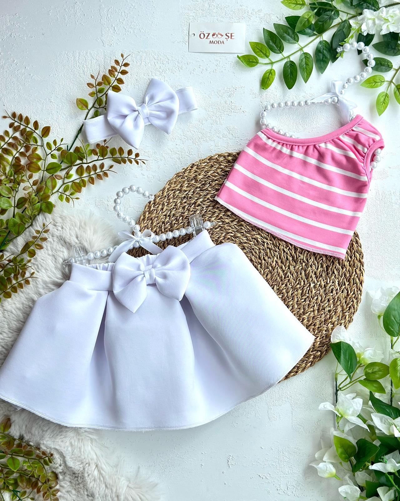 Pembe Crop Beyaz Scuba Etek İkili Takım