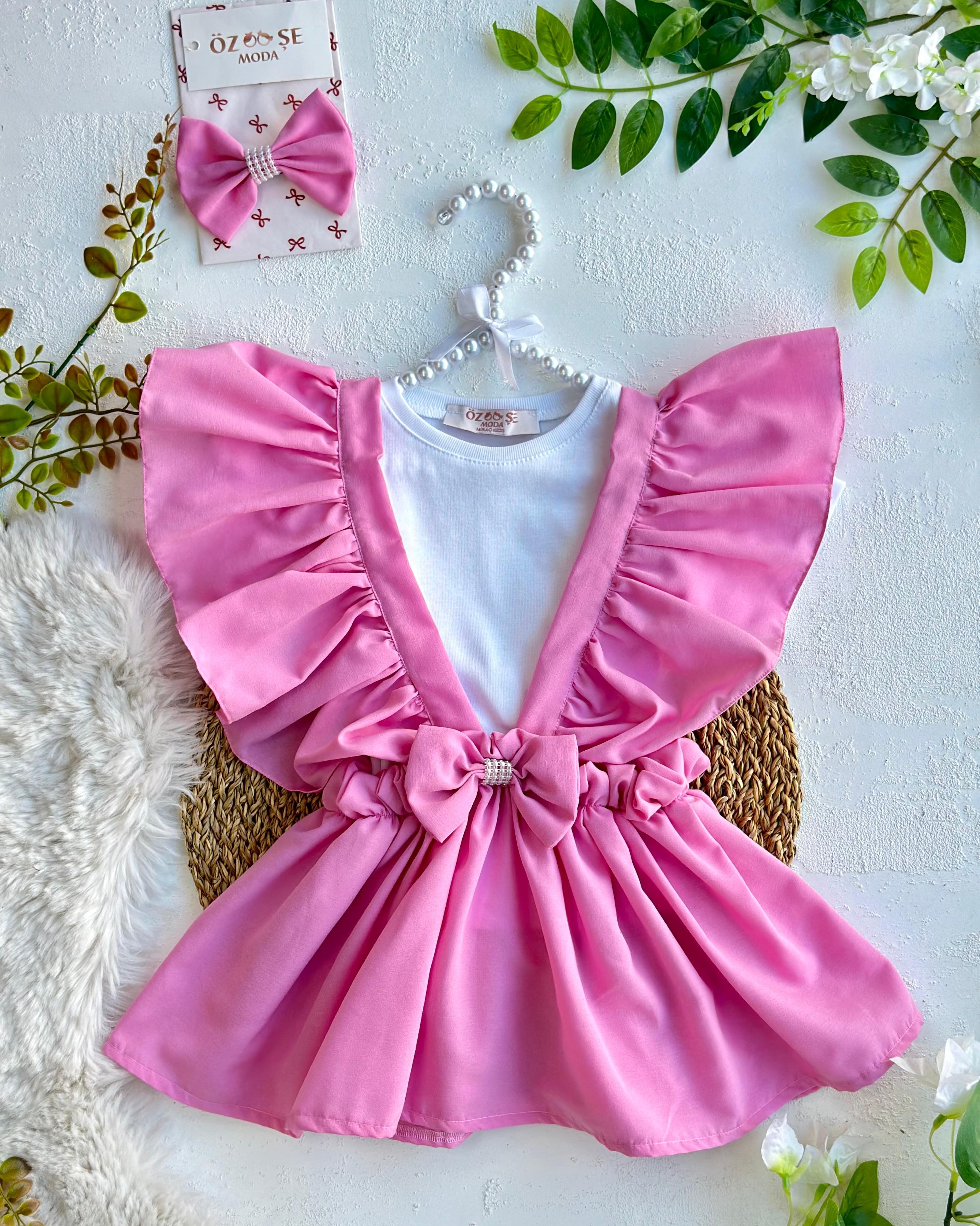 Pembe Fırfır Elbise Tişört Takım