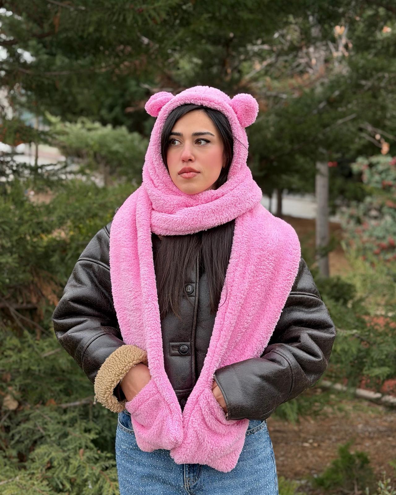 Pembe Yetişkinler ve Çocuklar için Welsoft Peluş Bere Atkı Eldiven Kulaklı Şapka Seti
