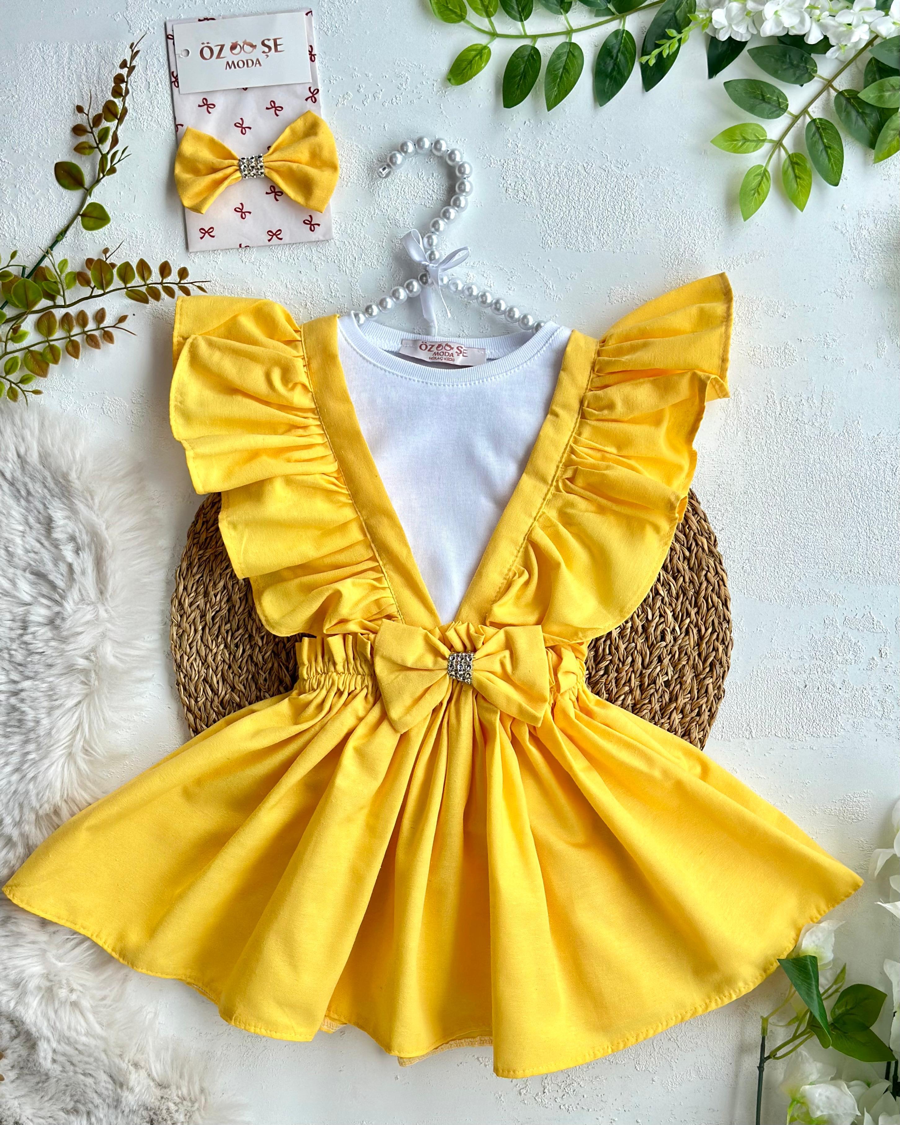 Sarı Fırfır Elbise Tişört Takım