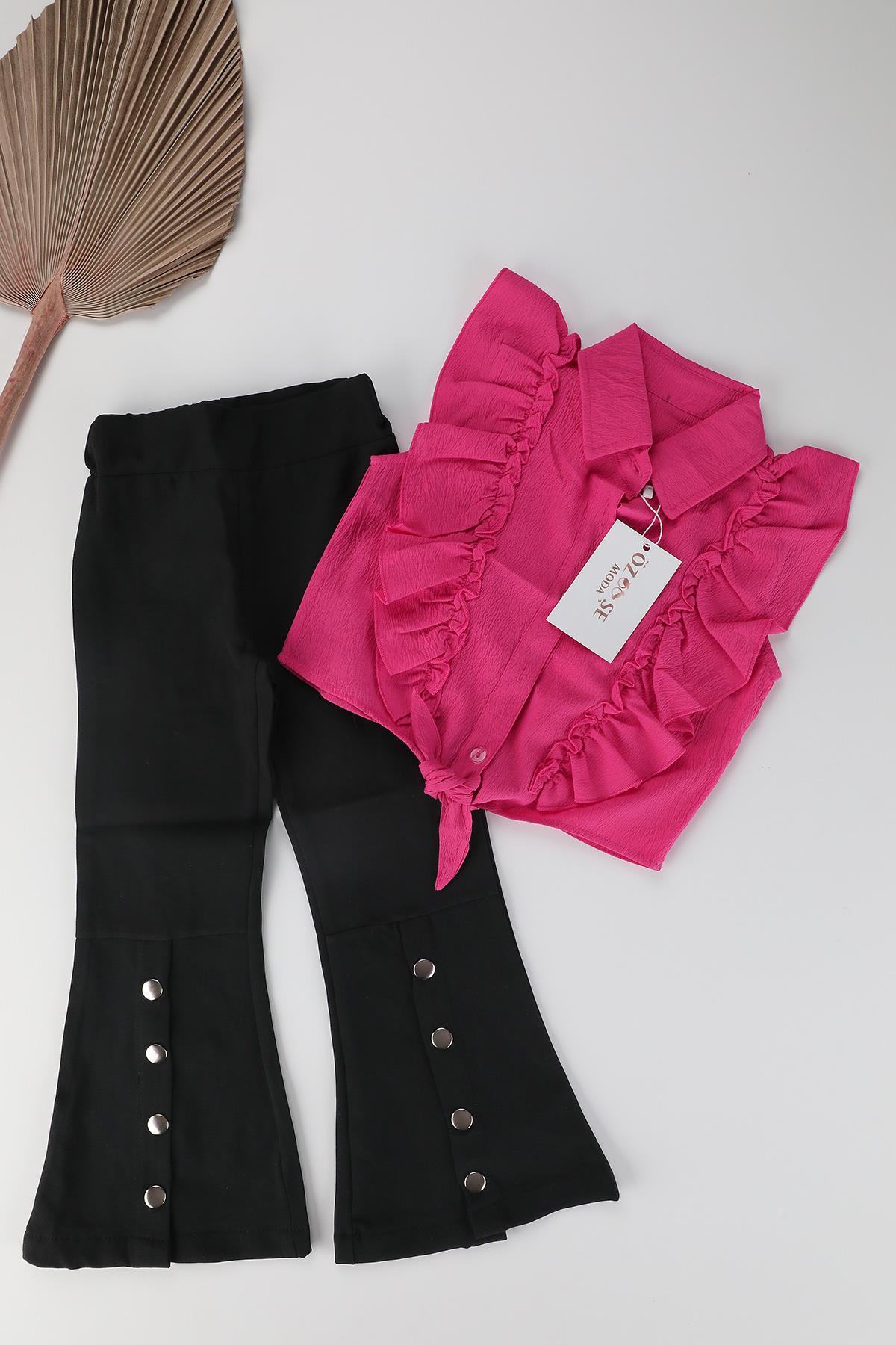 Siyah İspanyol Paça Pantolon Pembe  Fırfırlı Gömlek Takım 