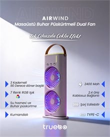 Truebo AirWind - Masaüstü Buhar Püskürtmeli Taşınabilir Şarjlı Led Işık Çift Fanlı Vantilatör