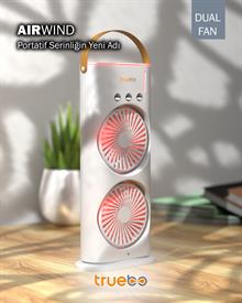 Truebo AirWind - Masaüstü Buhar Püskürtmeli Taşınabilir Şarjlı Led Işık Çift Fanlı Vantilatör