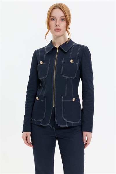 KONTRAST DİKİŞLİ FERMUARLI DENİM CEKET