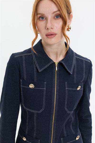 KONTRAST DİKİŞLİ FERMUARLI DENİM CEKET