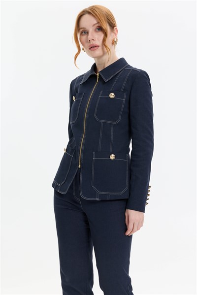 KONTRAST DİKİŞLİ FERMUARLI DENİM CEKET