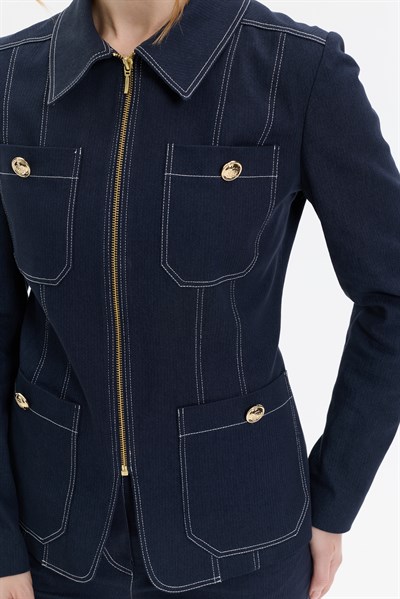 KONTRAST DİKİŞLİ FERMUARLI DENİM CEKET