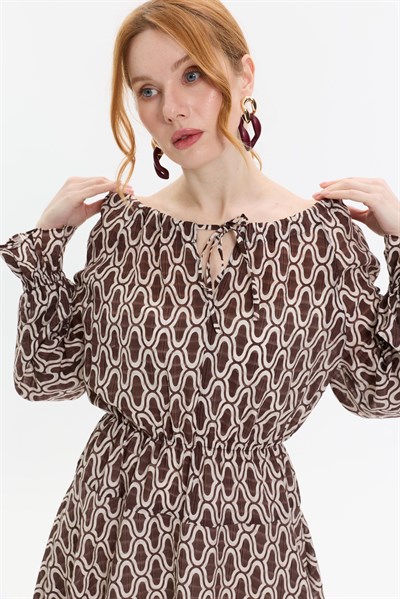DESENLİ BAĞLAMA DETAYLI ELBİSE