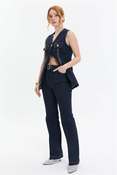 KEMER DETAYLI FLARE PAÇA DENİM PANTOLON