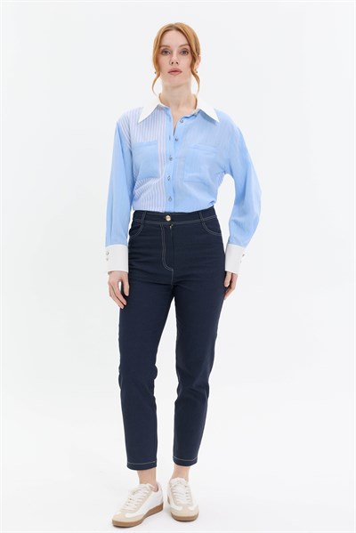 KONTRAST DİKİŞLİ BORU PAÇA DENİM PANTOLON