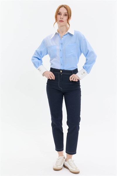 KONTRAST DİKİŞLİ BORU PAÇA DENİM PANTOLON