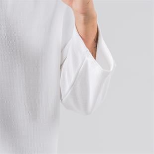 OVERSİZE BEYAZ FAKİR KOL HASIR ÖRME KUMAŞ DETAYLI T-SHIRT
