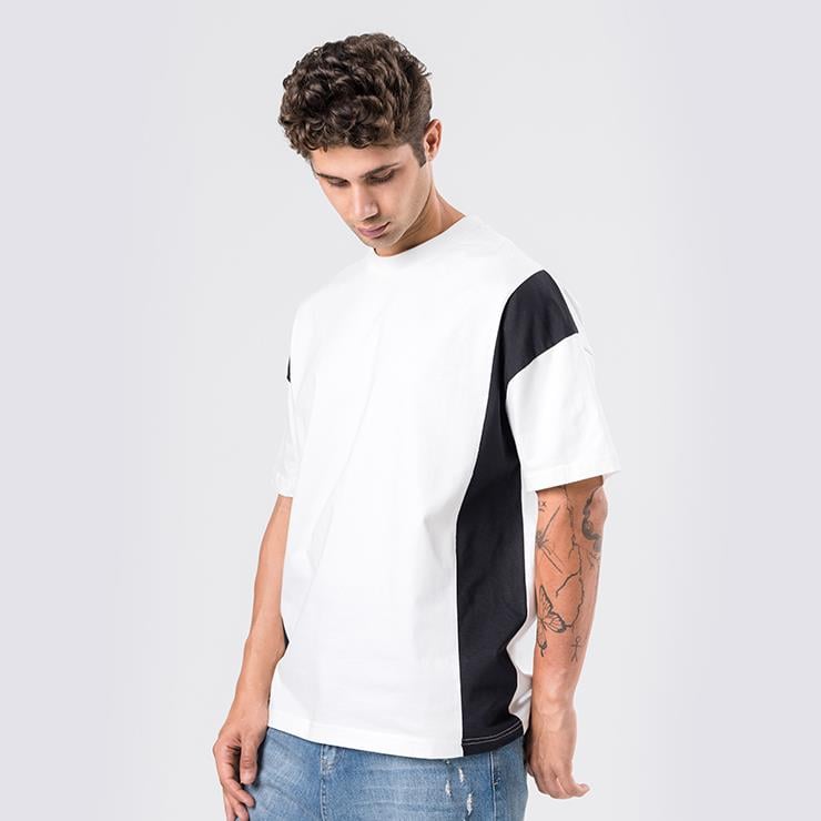 T-SHIRTDM-46OVERSİZE BEYAZ SİYAH ŞERİT DETAYLI T-SHIRT