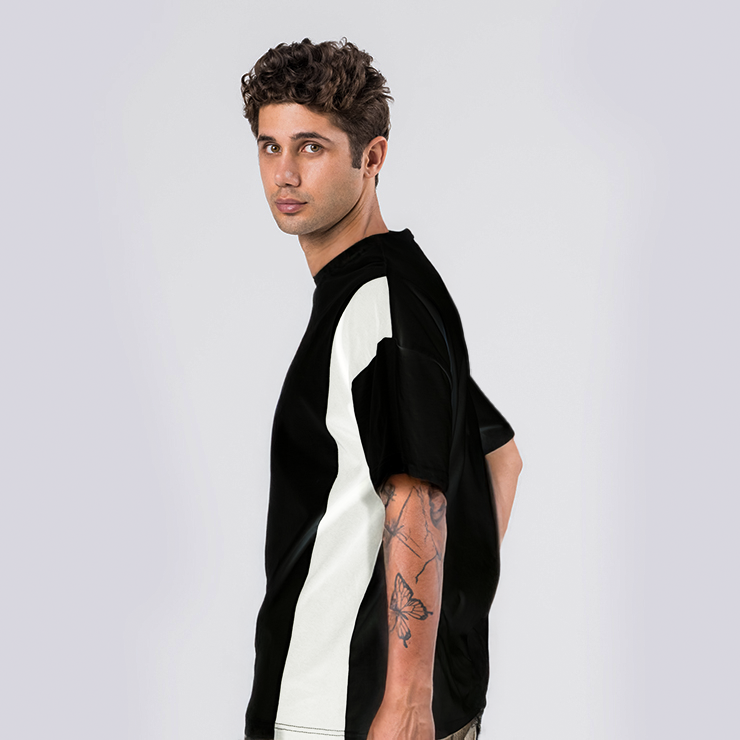 T-SHIRTDM-46OVERSİZE SİYAH BEYAZ ŞERİT DETAYLI T-SHIRT