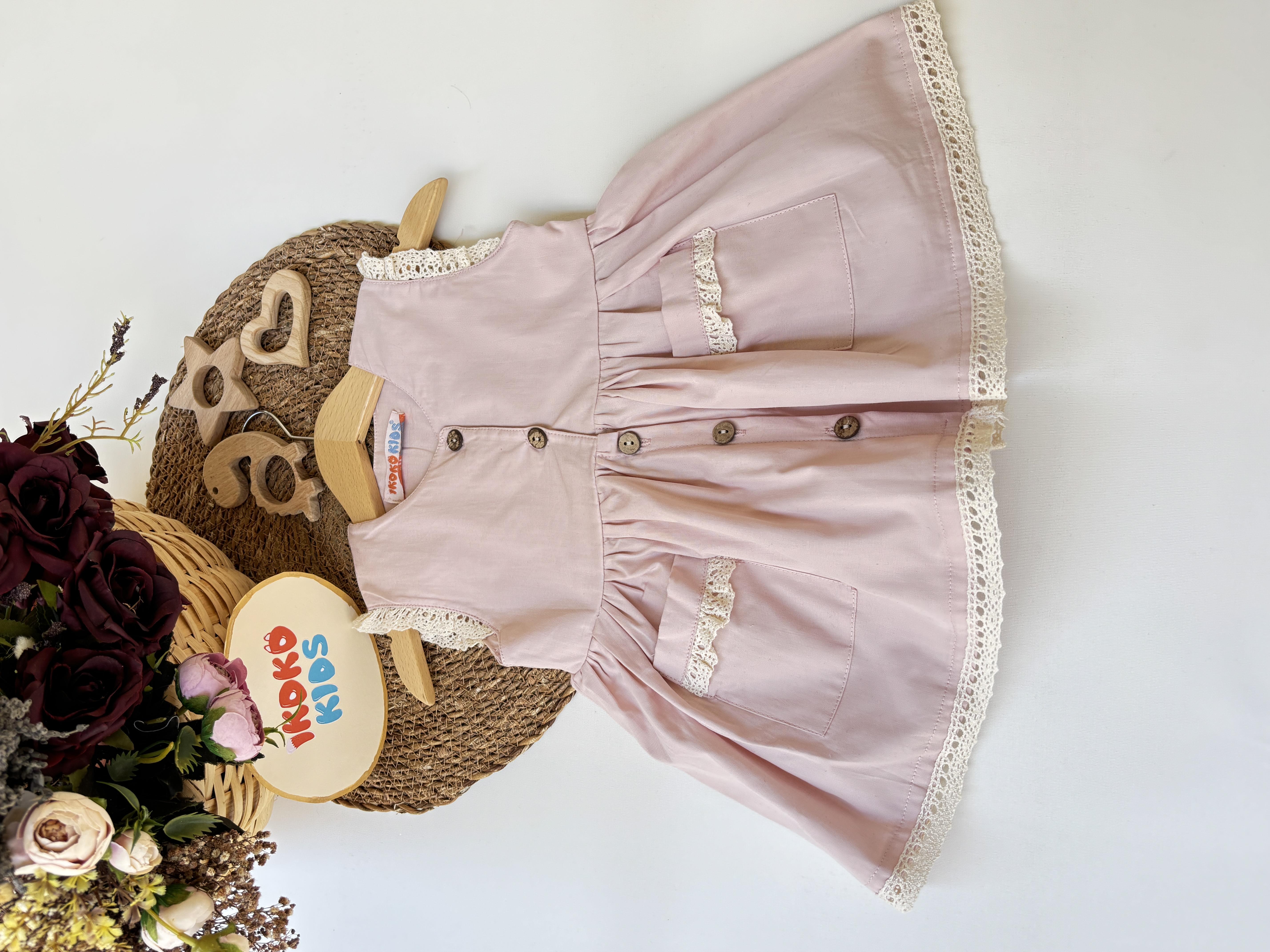 ikokokids Gri Kız Bebek Cepli Keten Elbise