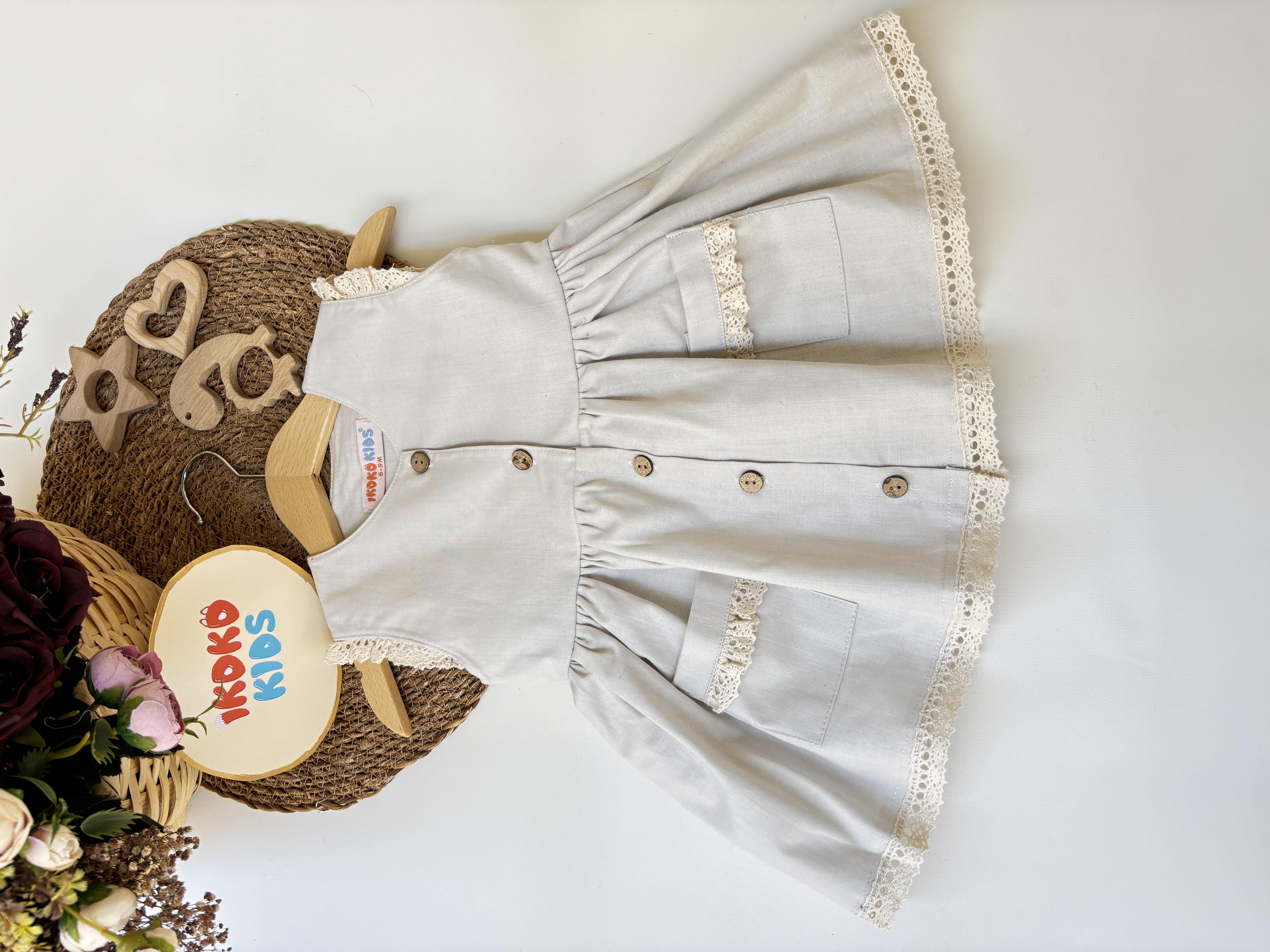ikokokids Gri Kız Bebek Cepli Keten Elbise