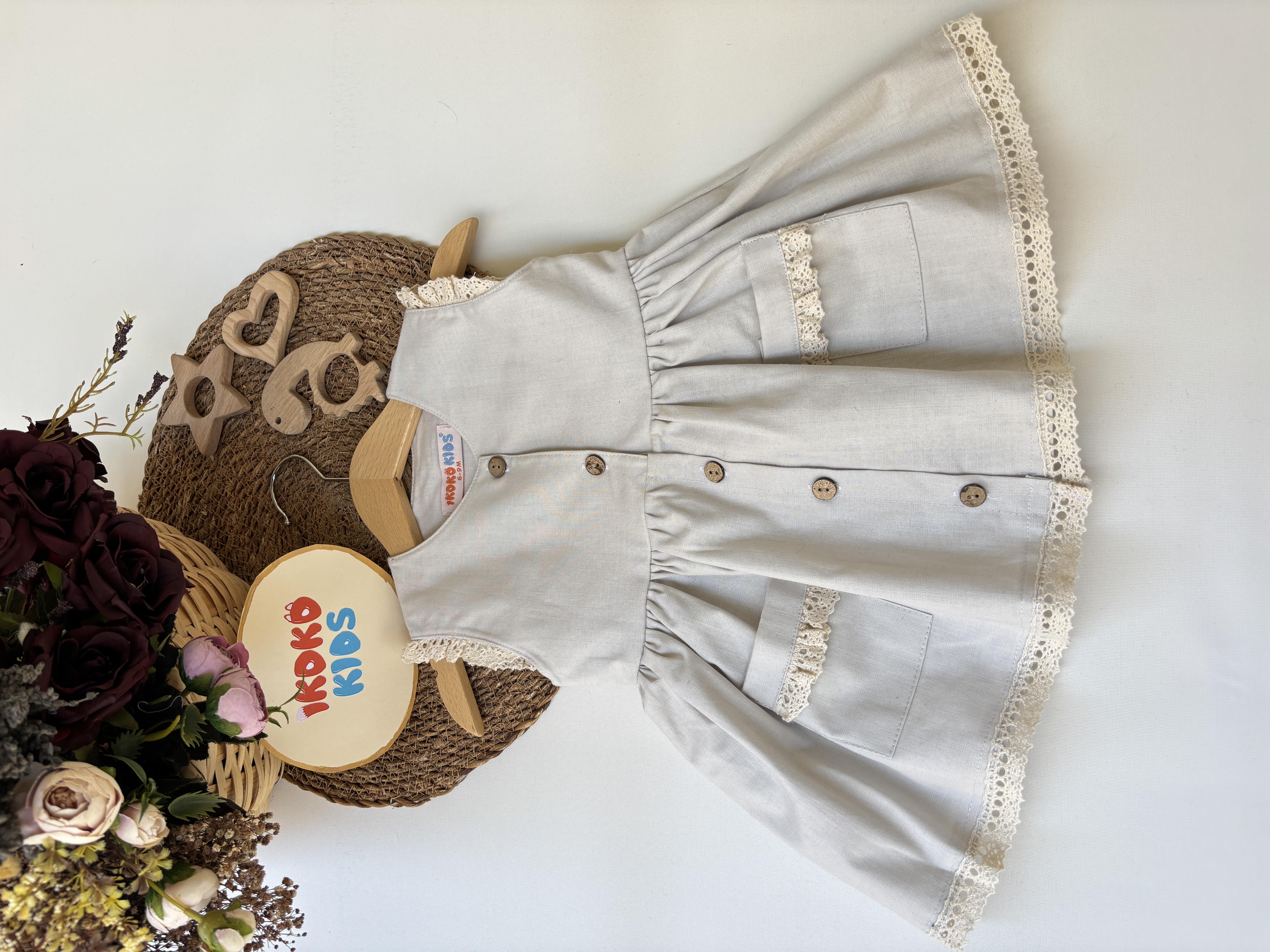 ikokokids Gri Kız Bebek Cepli Keten Elbise