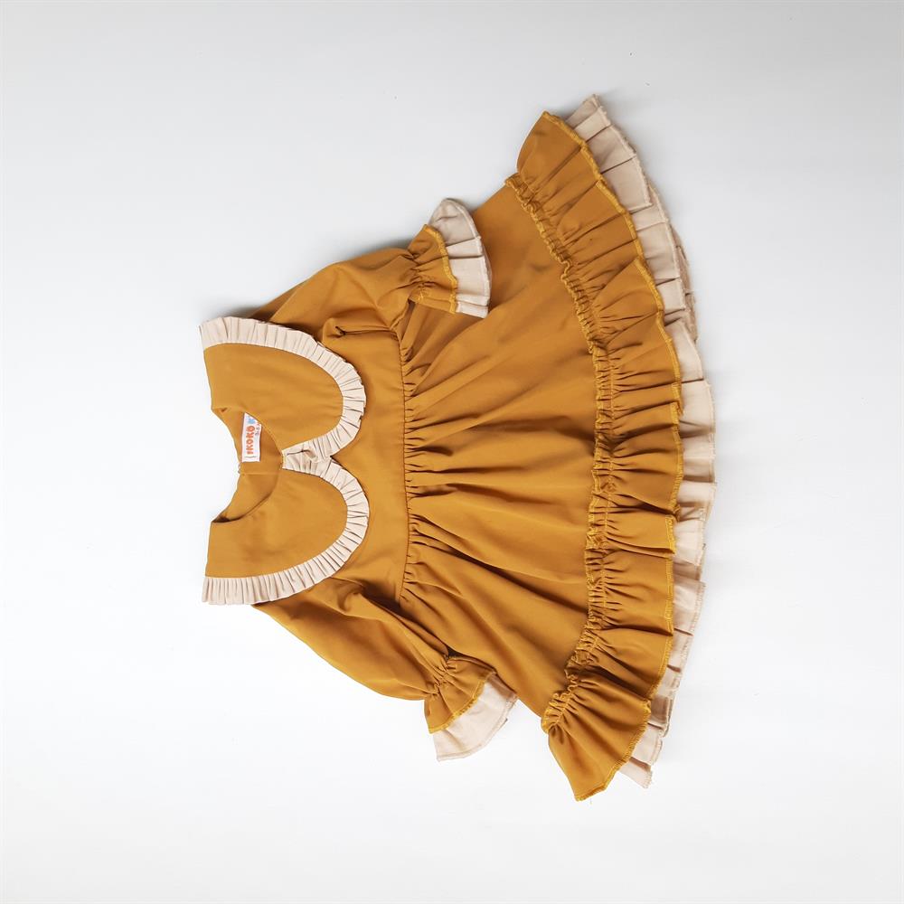 ikokokids Hardal Kız Bebek Bebe Yaka Fırfırlı Elbise