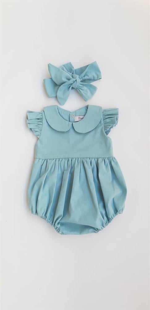 Kız Bebek Mavi Bebe Yaka Fırfırlı Kol Detayı Şort Tulum