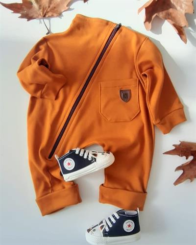 Erkek Bebek Taba Pamuk Fermuarlı Tulum