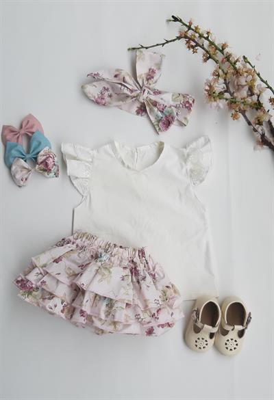 Kız Bebek Kırmızı Çiçekli Şort Bluz Takım