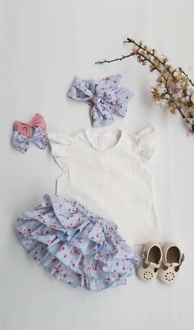 Kız Bebek Kırmızı Çiçekli Şort Bluz Takım