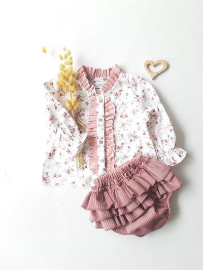 Nursu Baby Pembe Çiçekli Gömlek Kadife Şort Takım