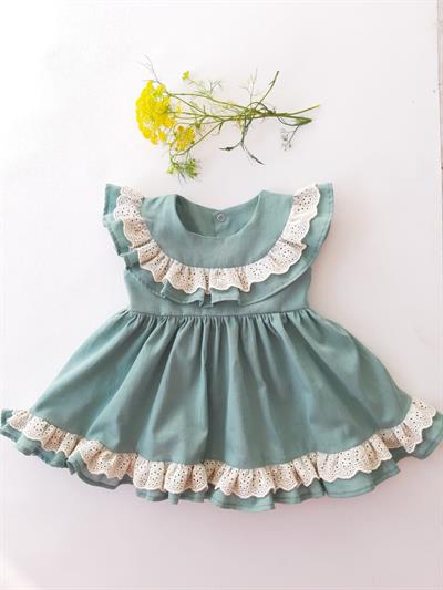 Yeşil Dantelli Kız Bebek İçin Vintage Elbise