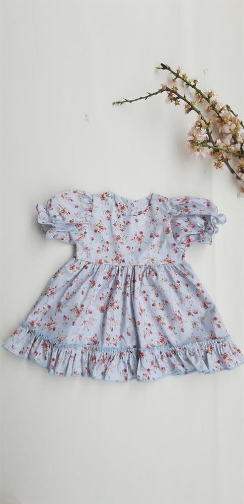 Kız Bebek Mavi Karpuz Kol Çiçekli Elbise