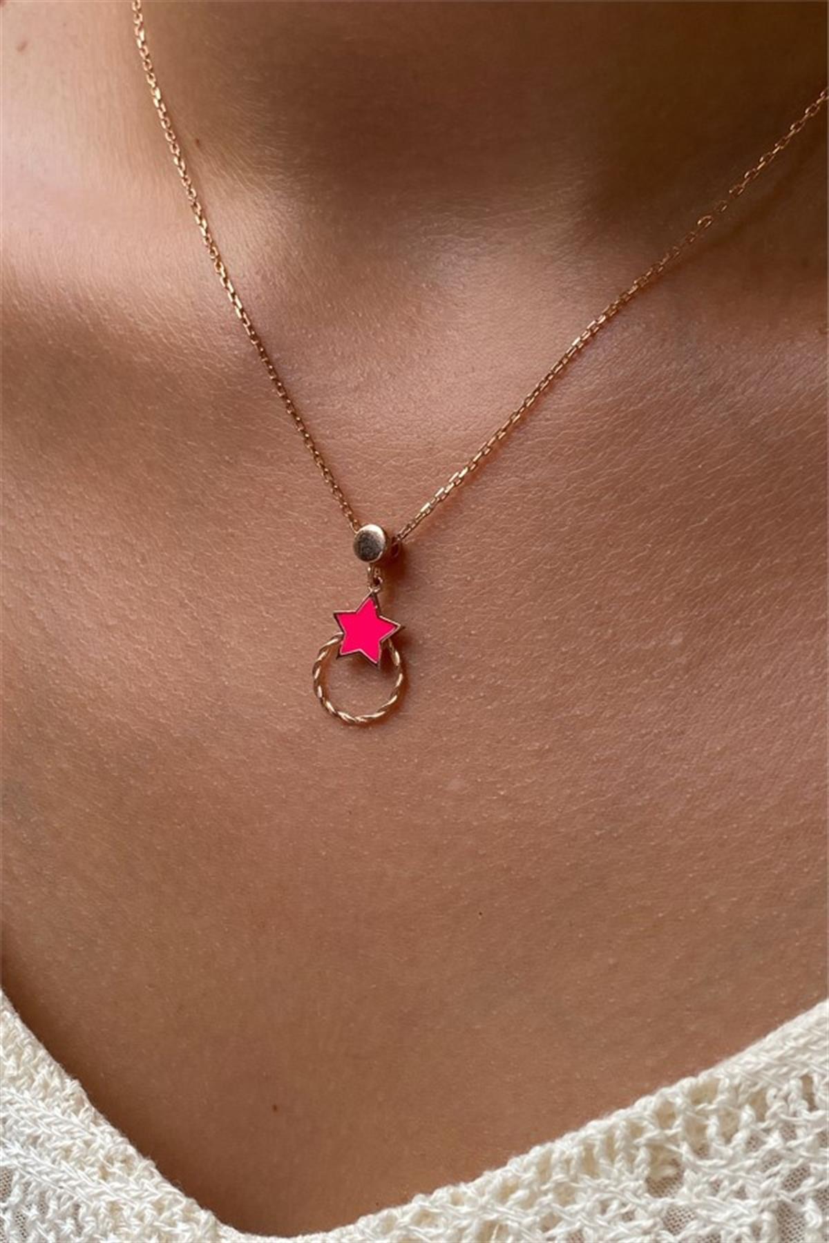  Pembe Mineli Neon Gümüş Yıldız Kolye
