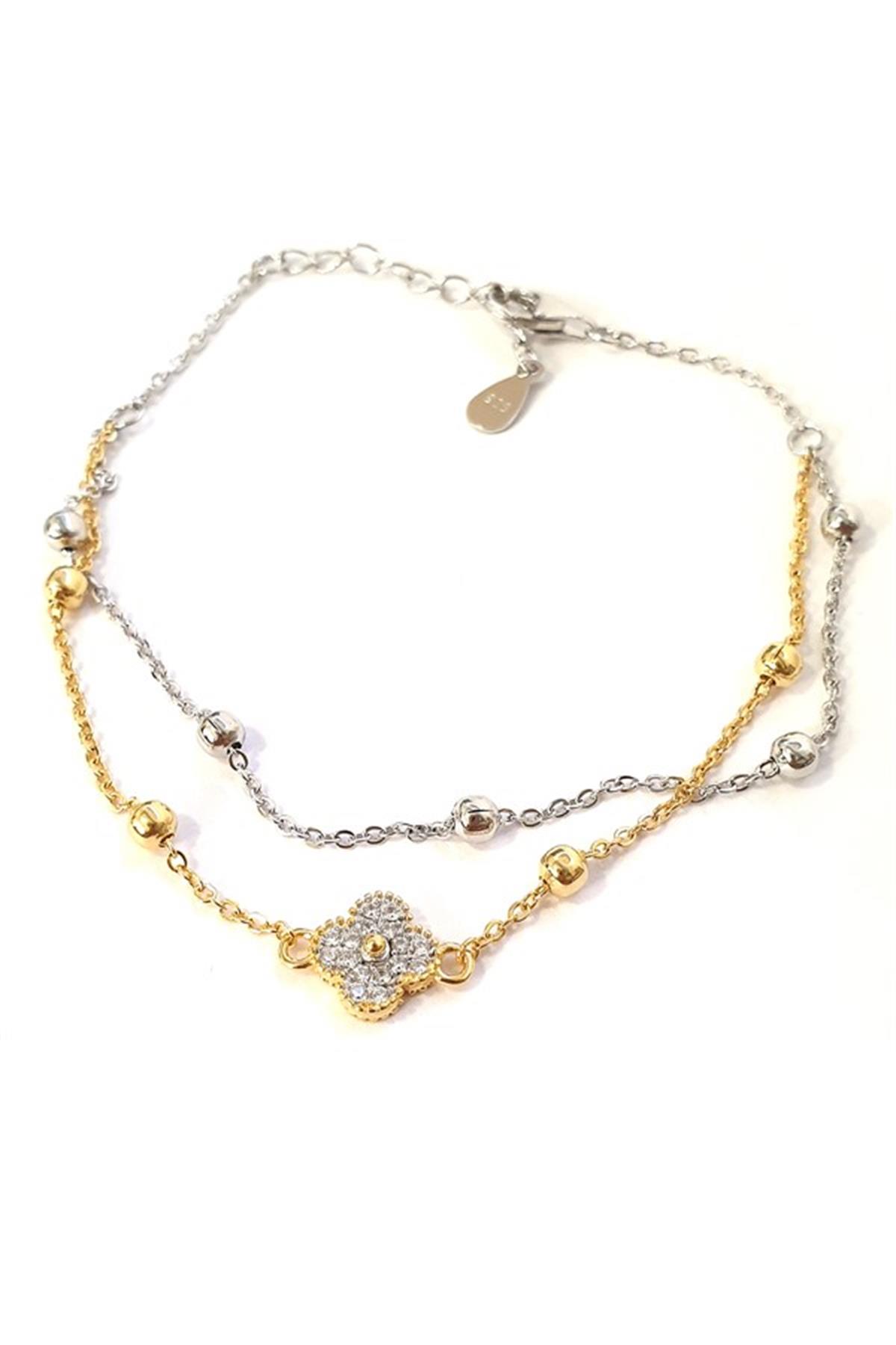 Çift Renk Zirkon Taşlı Yonca Gümüş Bileklik.