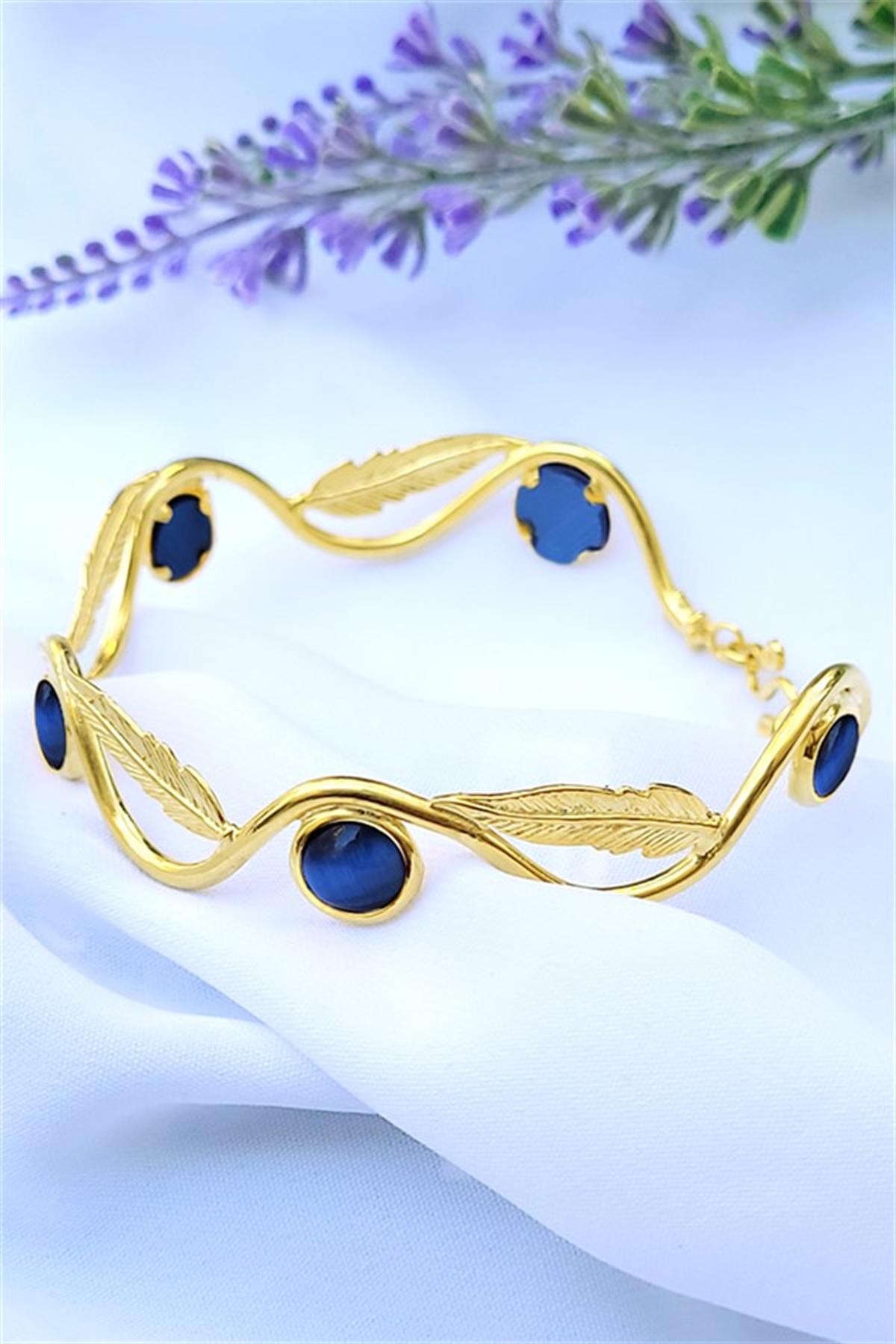 Lacivert Kaplan Gözü Taşlı Gümüş Bileklik