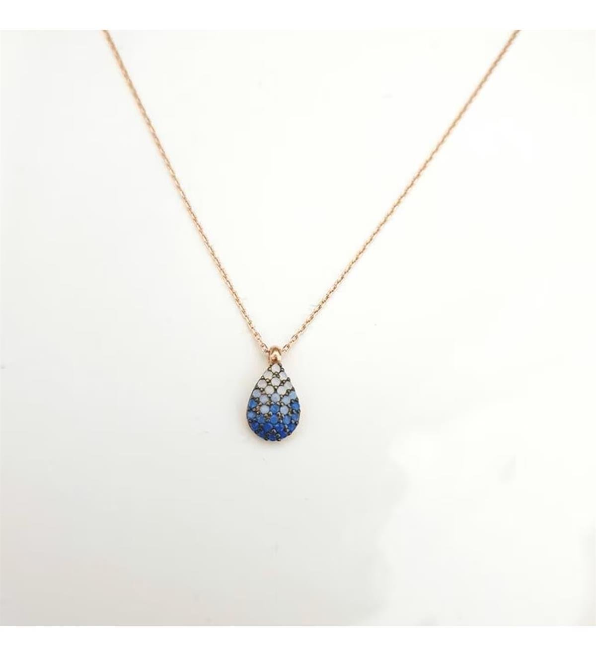 Mavi Geçişli Damla Gümüş Kolye