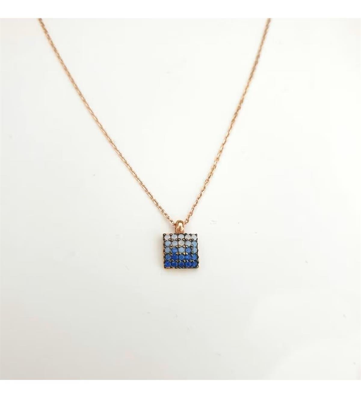 Mavi Geçişli Kare Gümüş Kolye