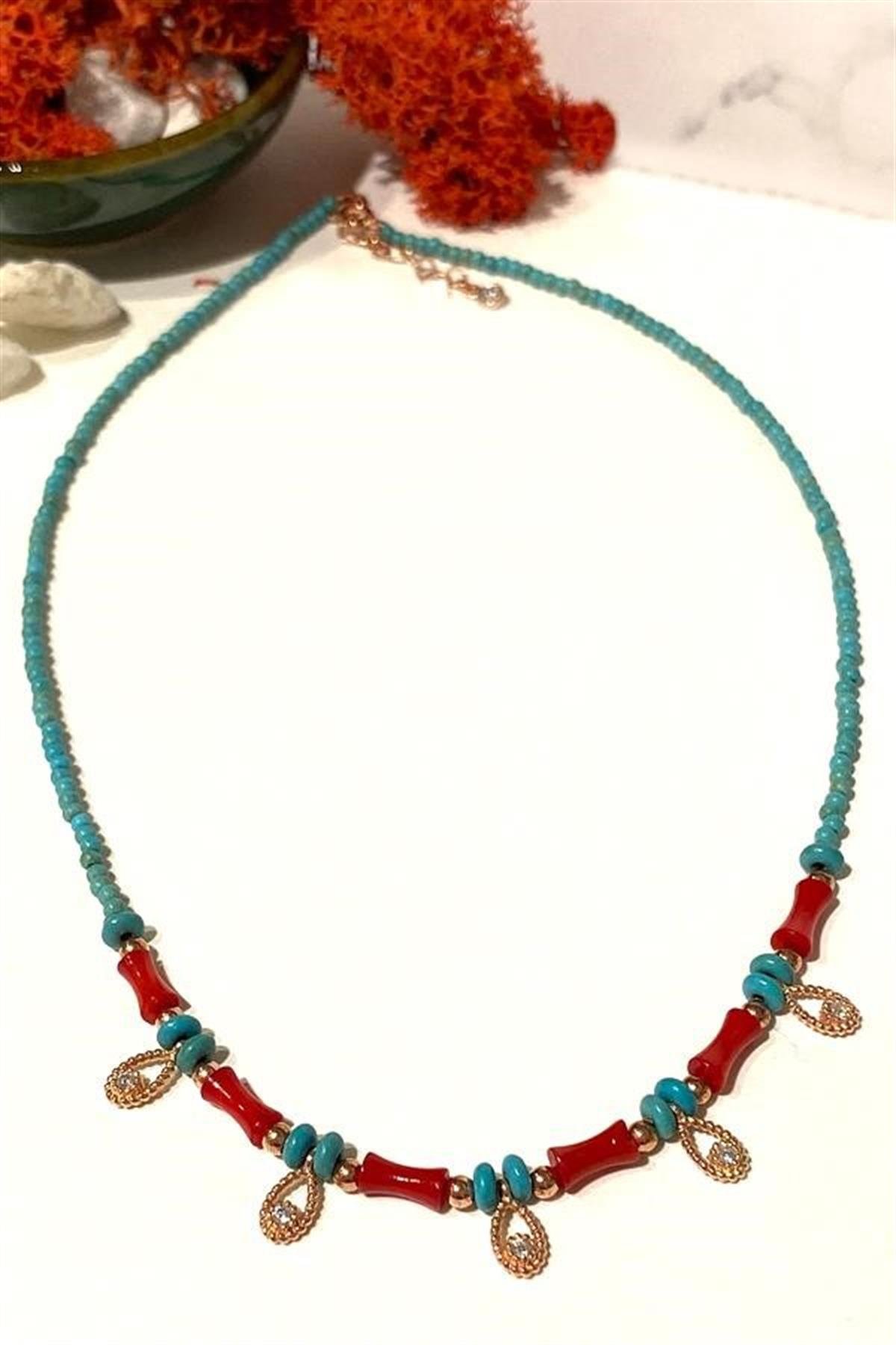 Mercan ve Turkuaz Gümüş Kolye