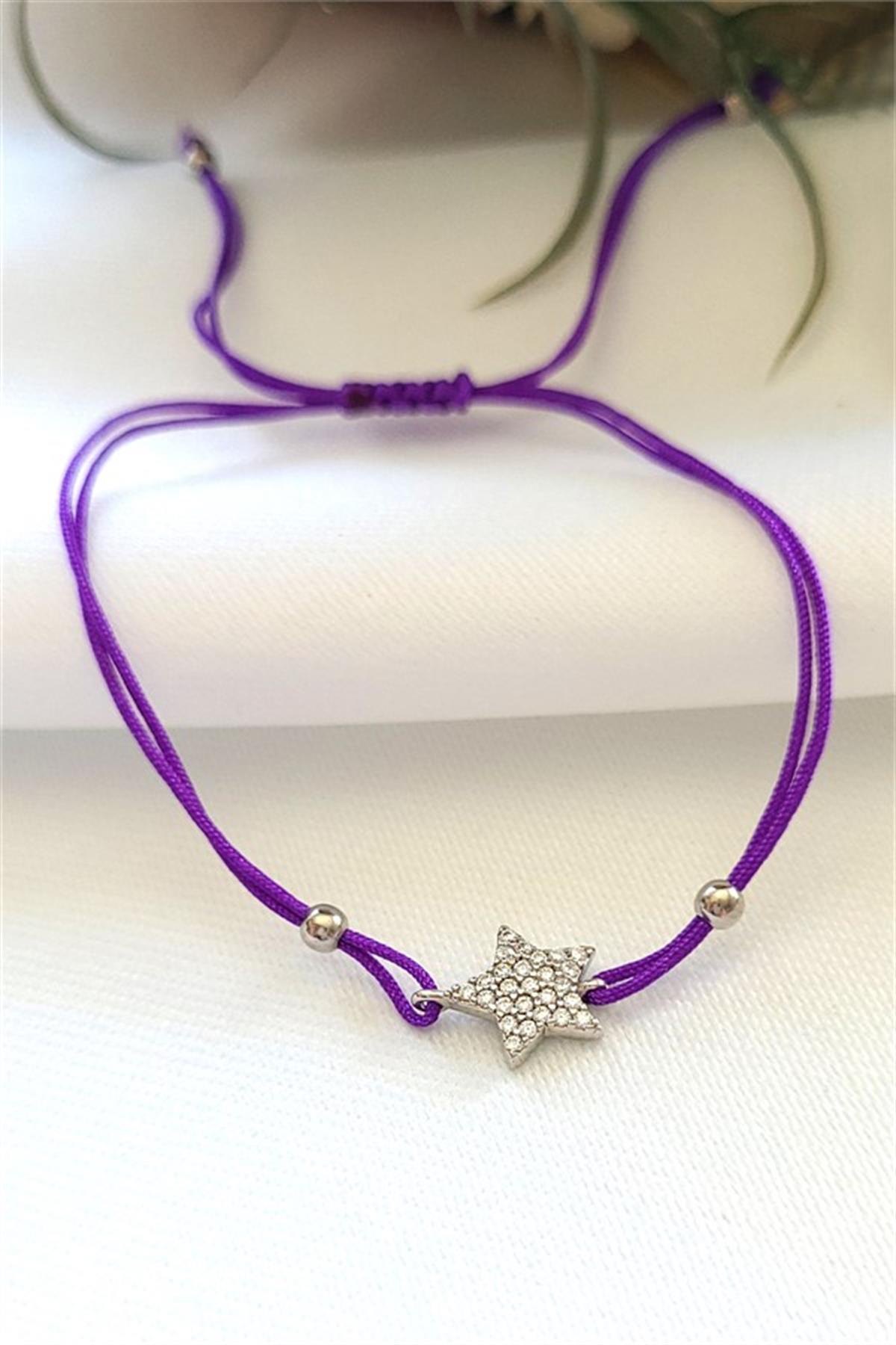 Mor İpli Gümüş Yıldız Bileklik