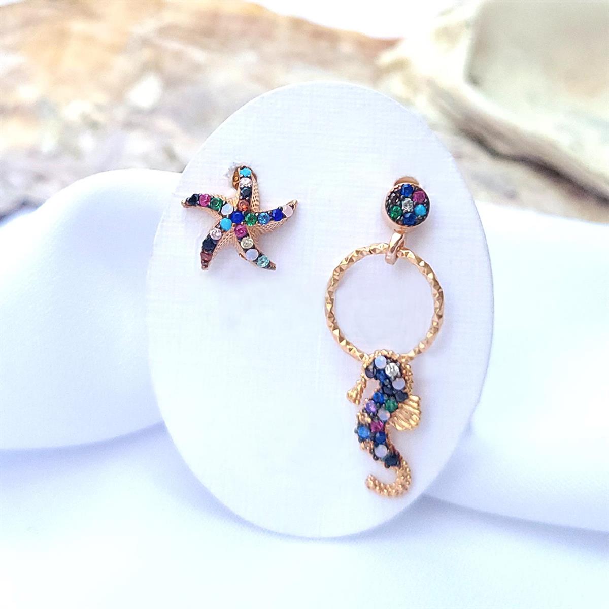 Renkli Deniz Atı Gümüş Küpe