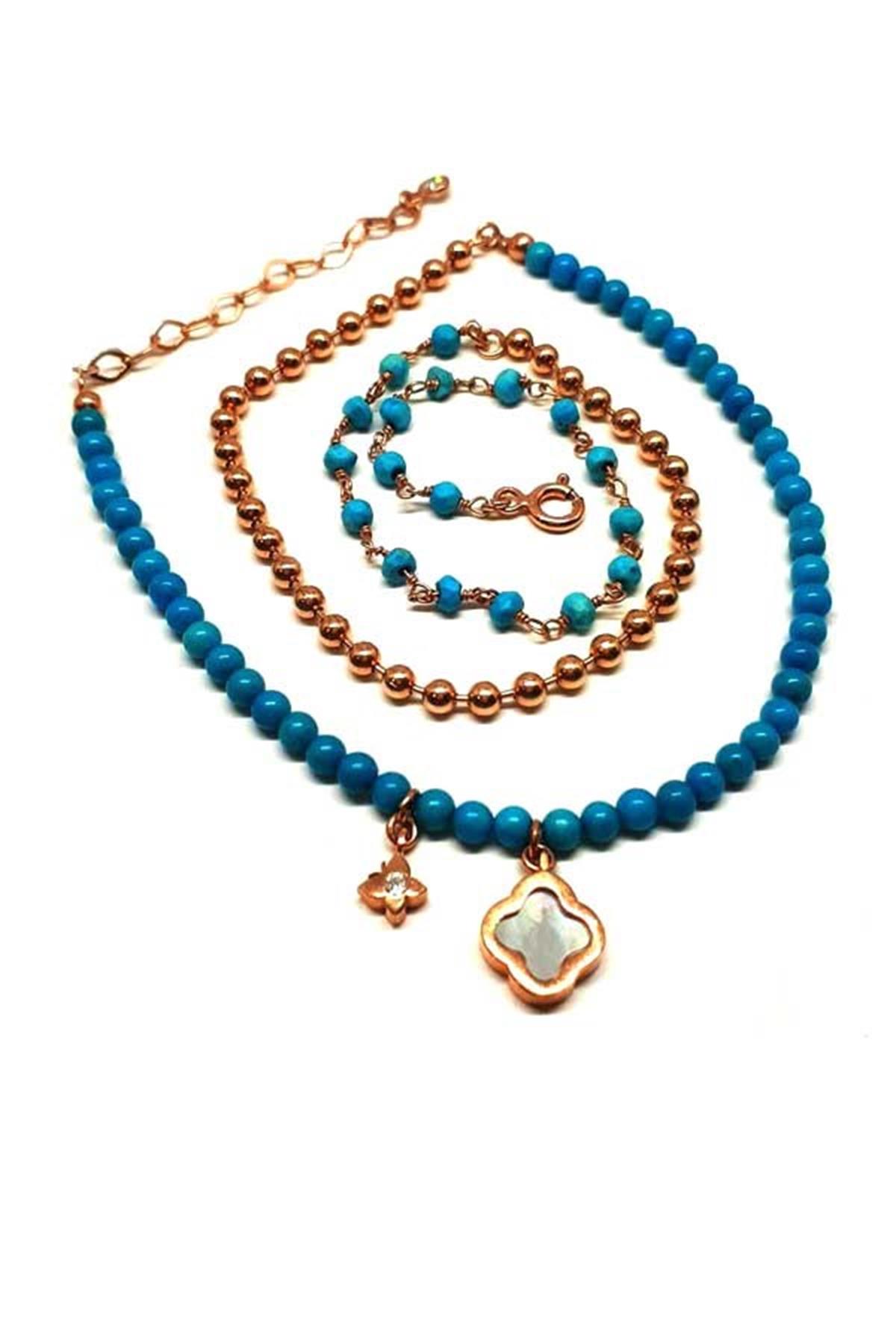 Sedef Ve Turkuaz Taş Gümüş Yonca Bileklik