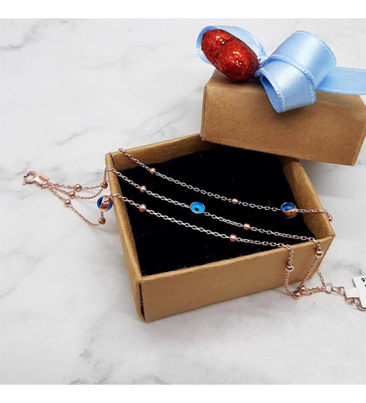 Üçlü Nazar Boncuklu Gümüş Bileklik (Rose)