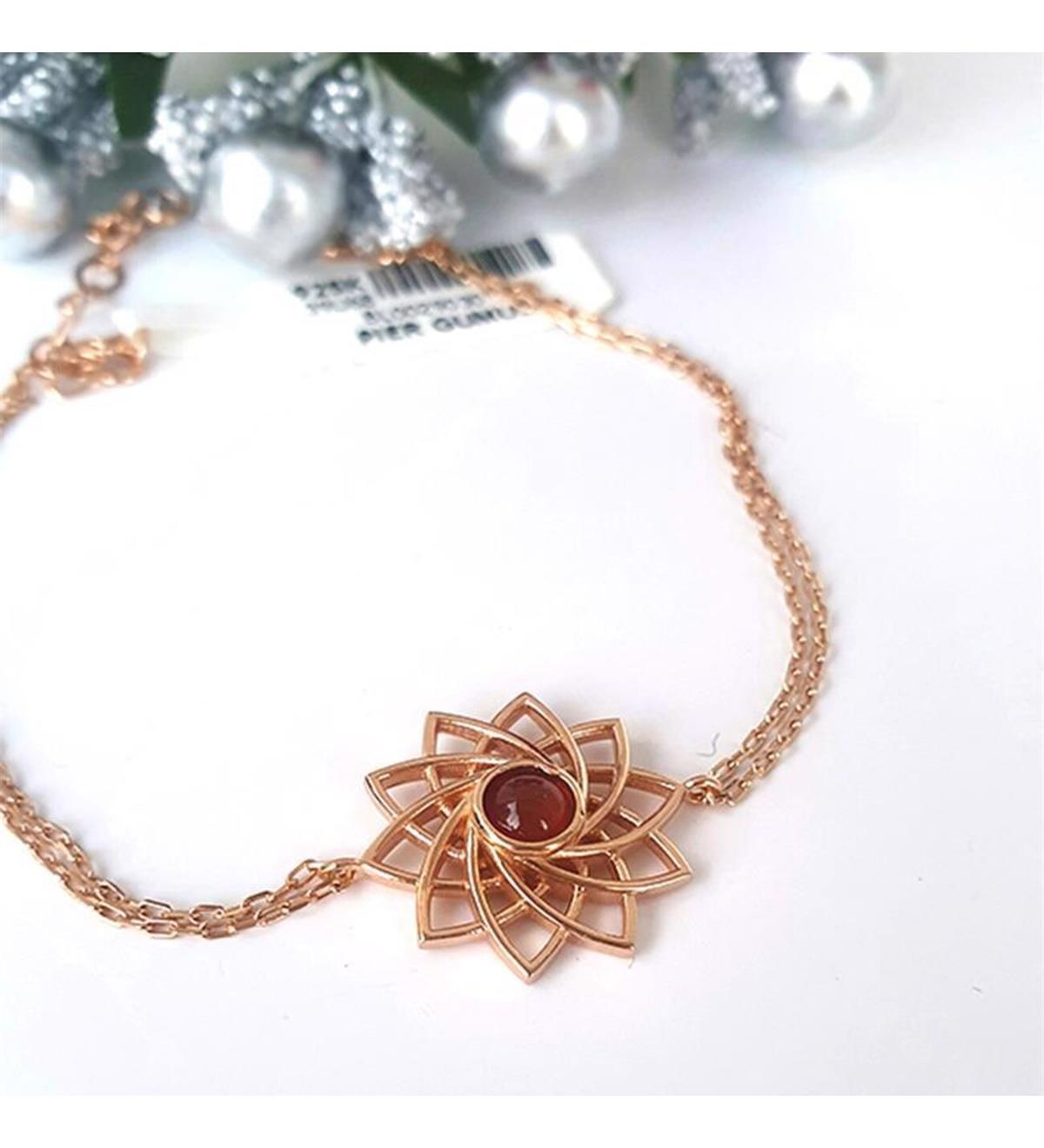 Akik Taşlı Gümüş Lotus Bileklik