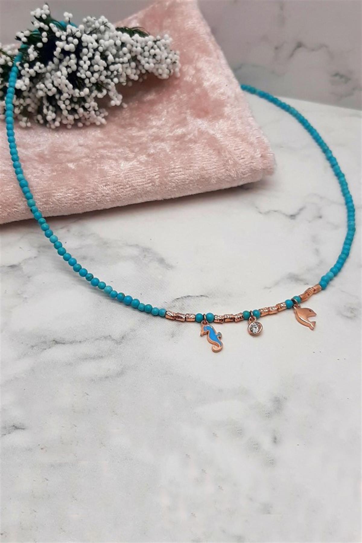 Denizatı Ve Balık Turkuaz Gümüş Kolye