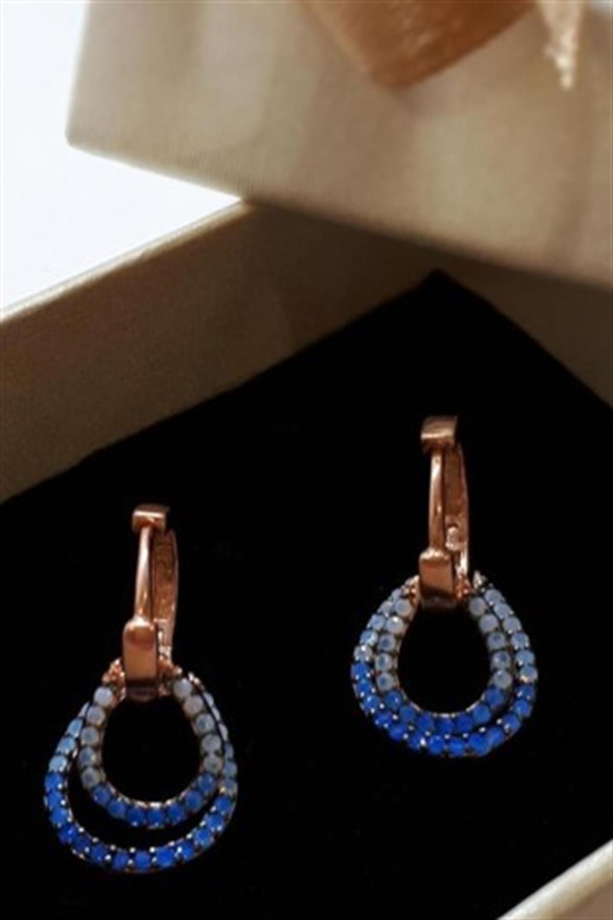 Mavi Geçişli Gümüş Halka Damla Küpe